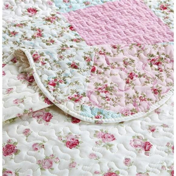 Sunshine Pink and Green Rose Patchwork, 2-Piece Quilt Set with 1 Sham - Picture 5 of 7